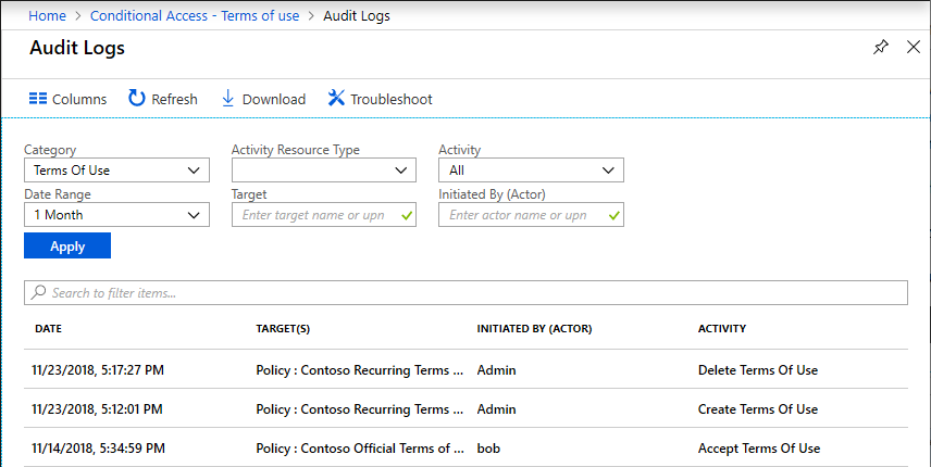 A screenshot showing the Microsoft Entra audit logs screen listing date, target policy, initiated by, and activity.