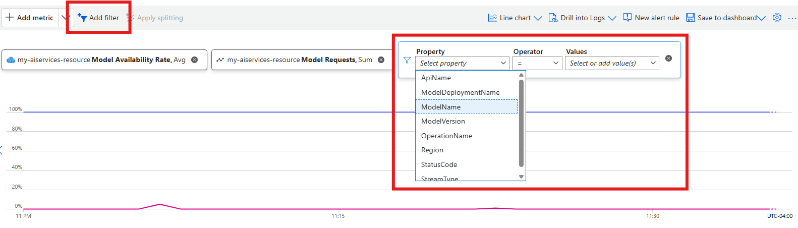 Screenshot showing how to apply a filter to a metric.