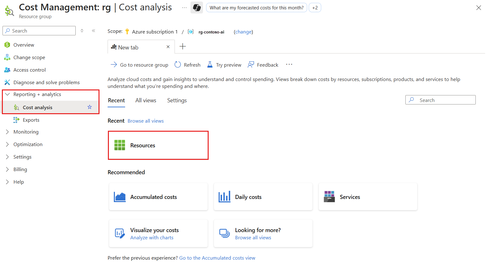 Screenshot of the Cost Analysis tool displaying how to show cost per resource.