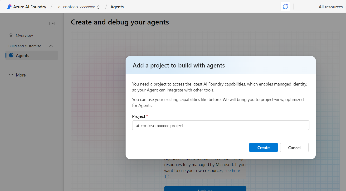Screenshot of Agents tab prompting to create a new Foundry project.