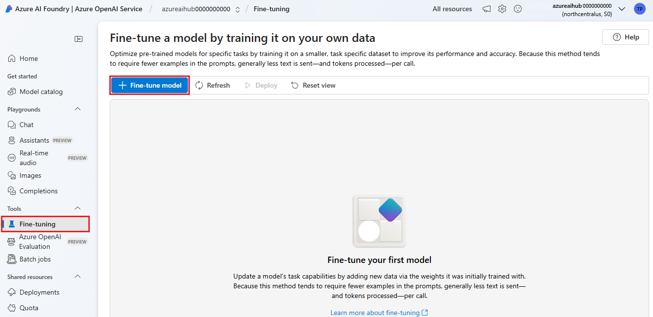Screenshot of the option to start creating a new fine-tuned model.