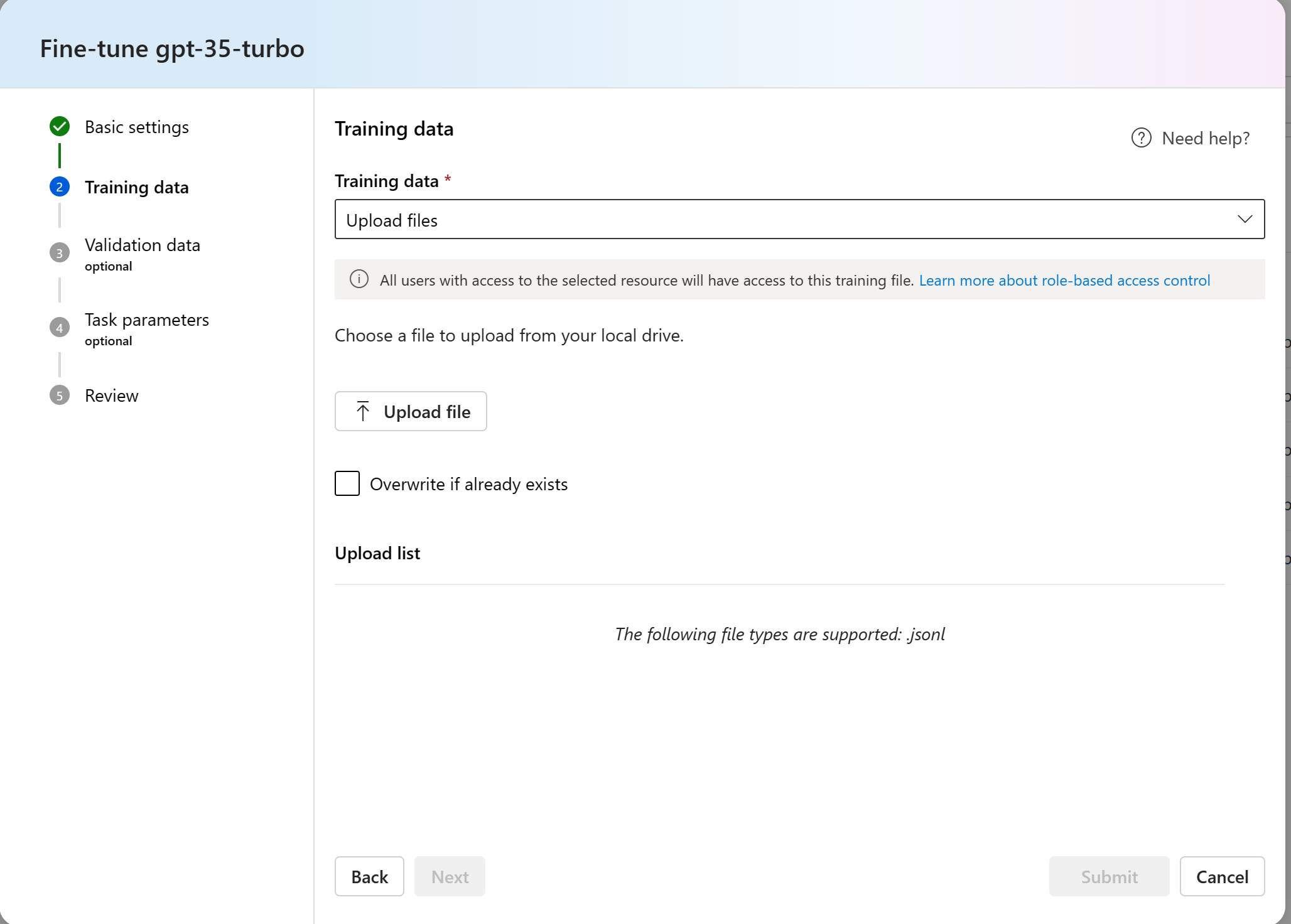Screenshot of the Training data pane for the Fine-tune model wizard in Foundry portal.