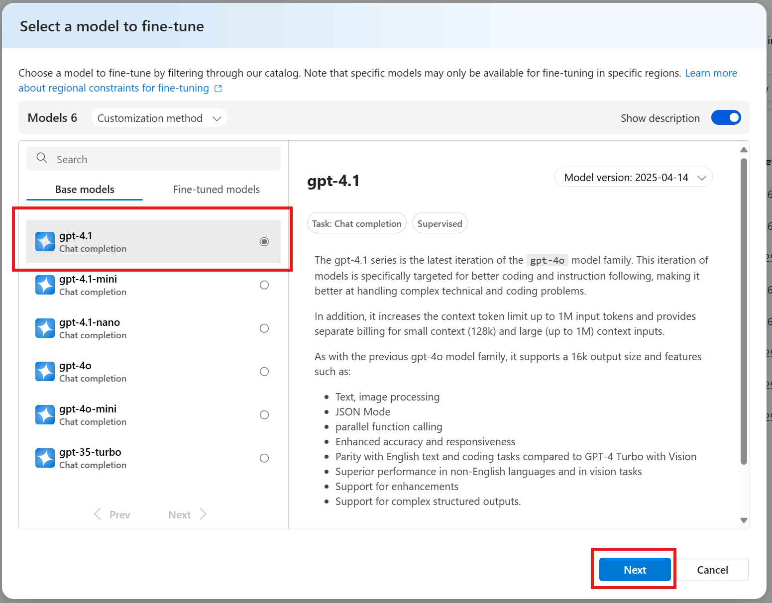 Screenshot of the model selection dialog in Foundry portal.