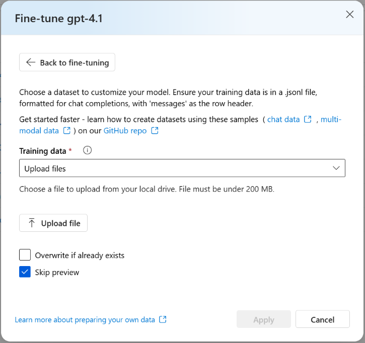 Screenshot of the Training data pane for the Create custom model wizard in Foundry portal.