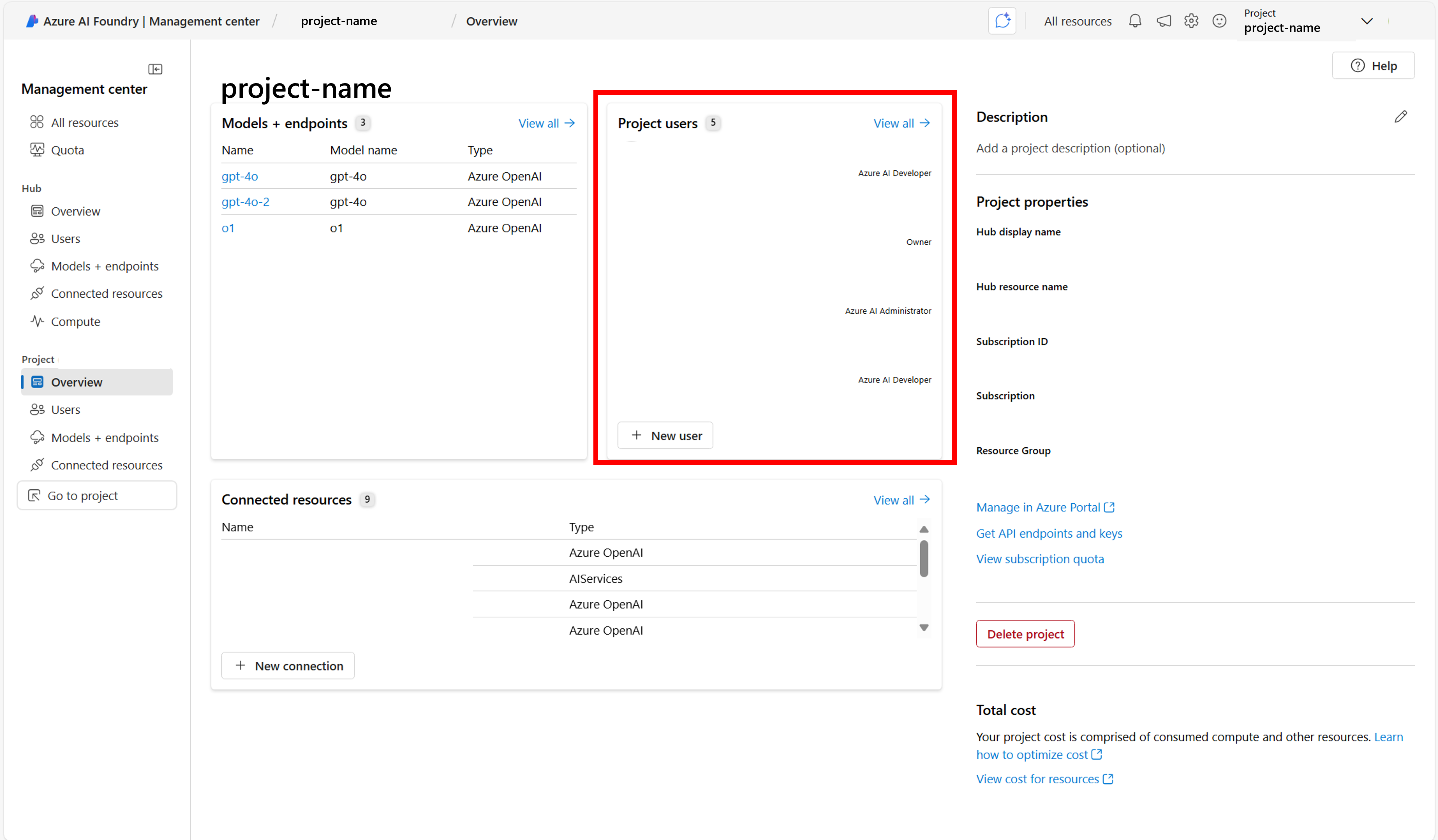 Screenshot of Project users section of management center.