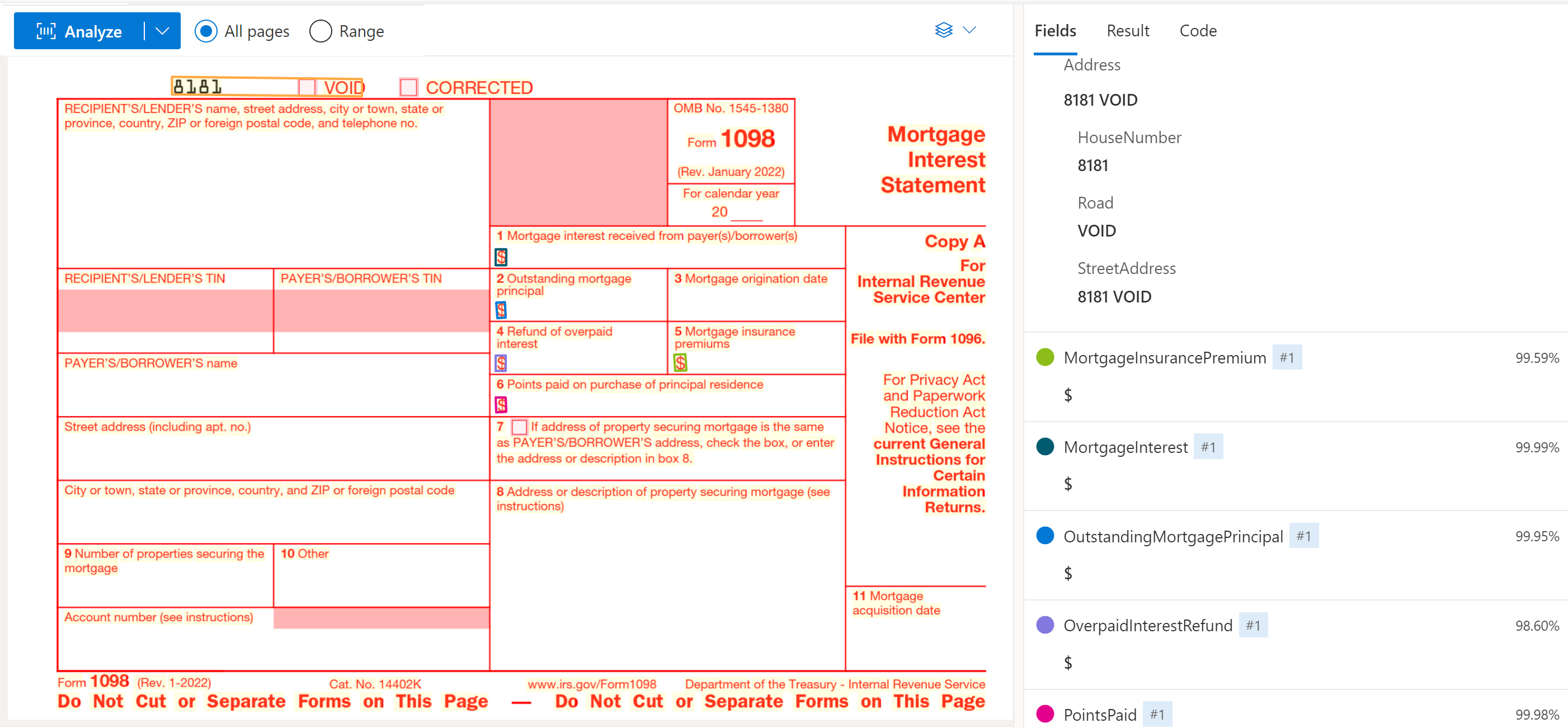 Screenshot that shows US 1098 tax form analyzed in the Document Intelligence Studio.