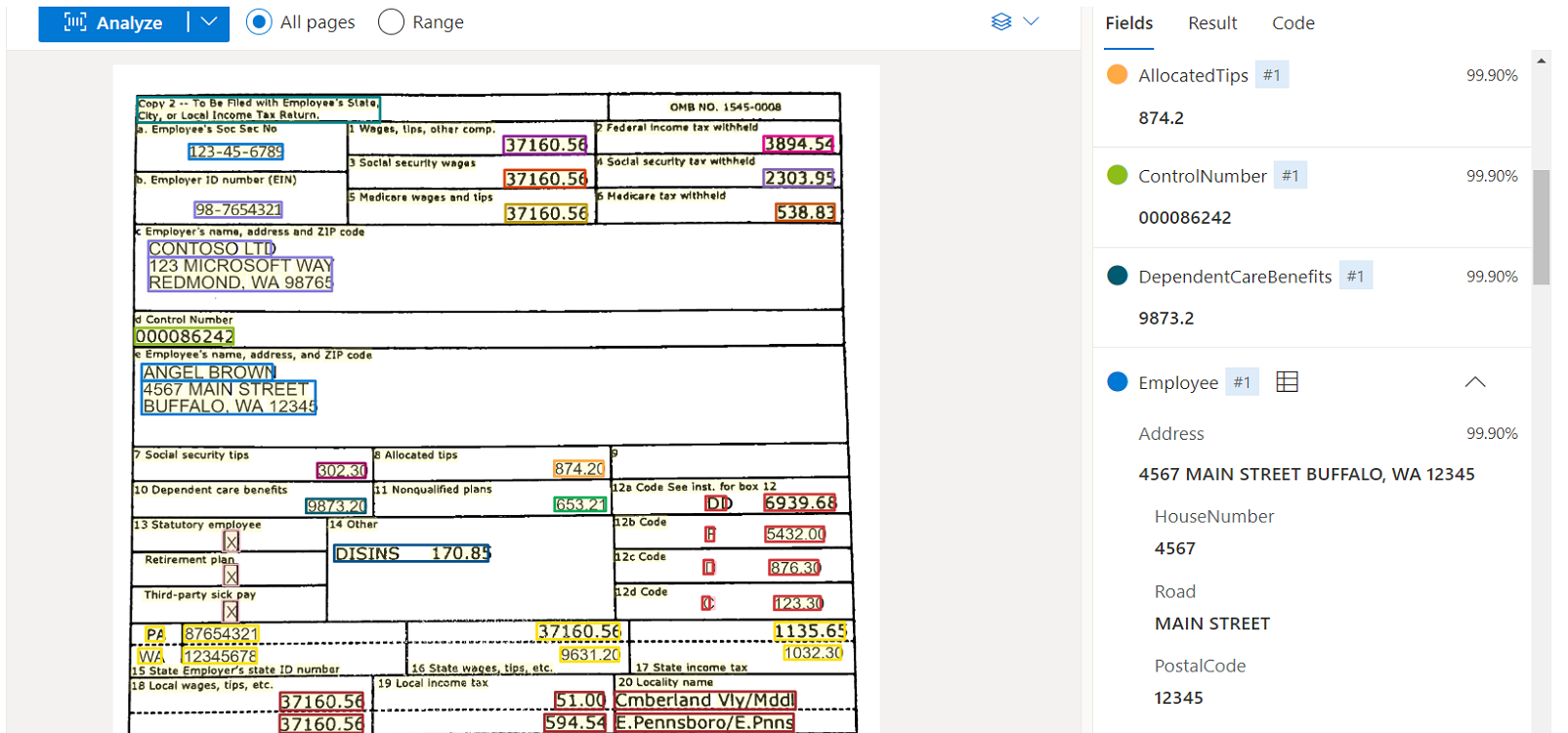 Screenshot that shows W-2 model analysis by using Document Intelligence Studio.