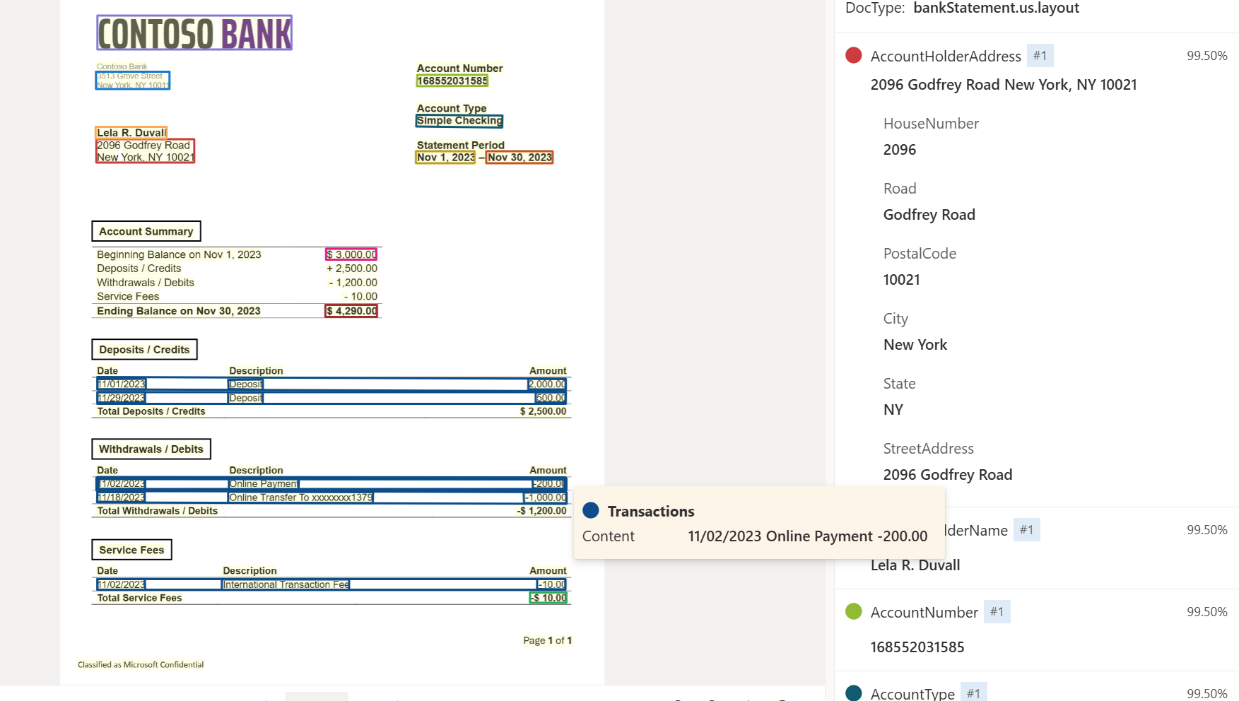 Screenshot that shows Bank statement model analysis by using Document Intelligence Studio.