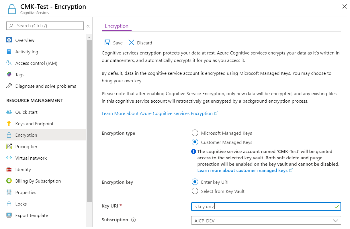 Screenshot of the Encryption page for a Foundry resource. The Enter key URI option is selected, and the Key URI box contains a value.