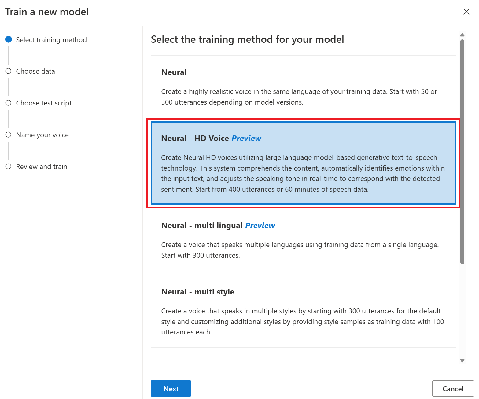 Screenshot that shows how to select neural HD voice training.