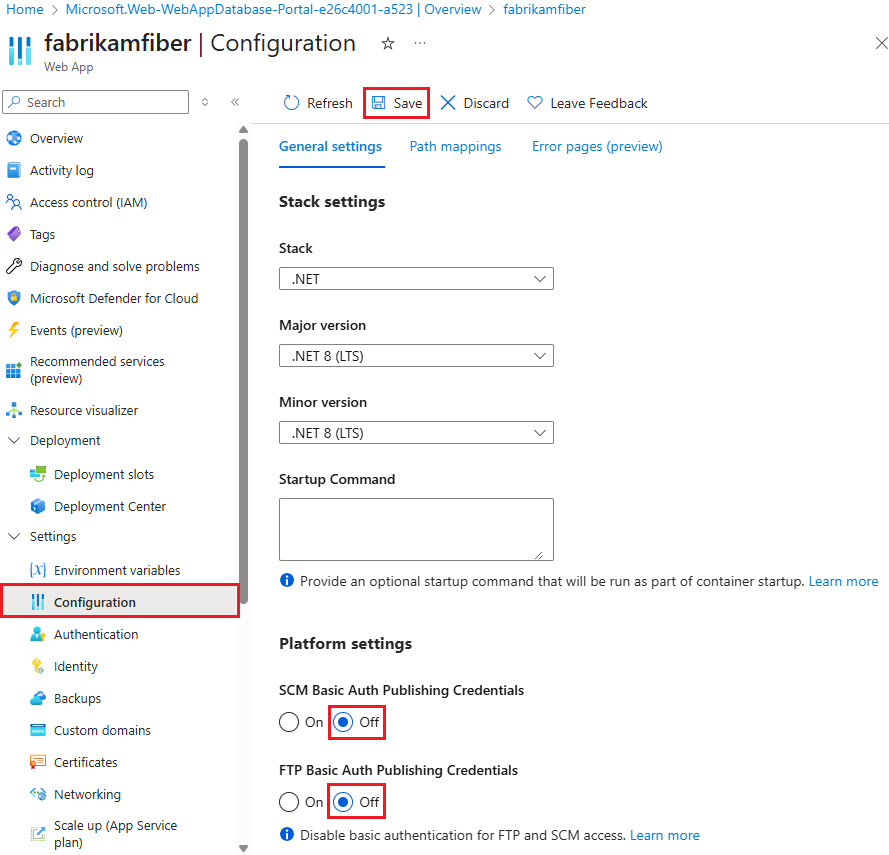 Screenshot that shows how to disable basic authentication for Azure App Service in the Azure portal.