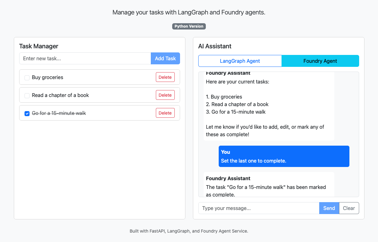 Screenshot of a chat completion session with a Microsoft Foundry agent.