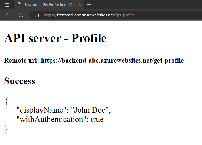 Screenshot of web browser showing front-end application after successfully getting fake profile from back-end app.