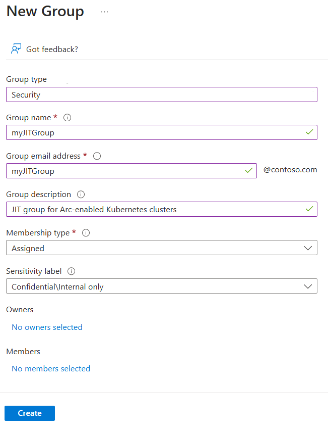 Screenshot showing details for the new group in the Azure portal.