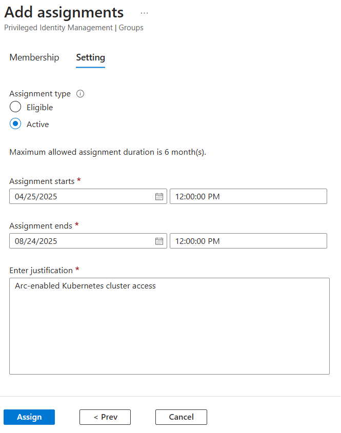 Screenshot showing assignment properties in the Azure portal.