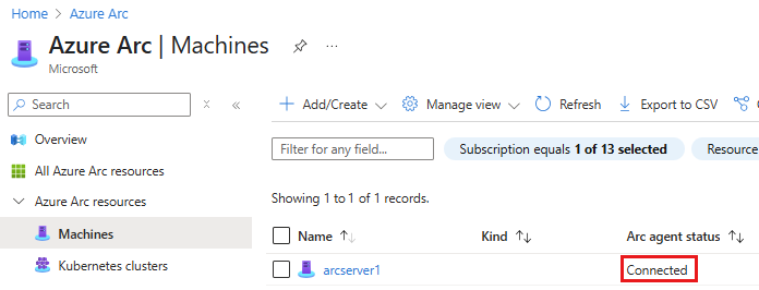 Screenshot showing a successful machine connection in the Azure portal.