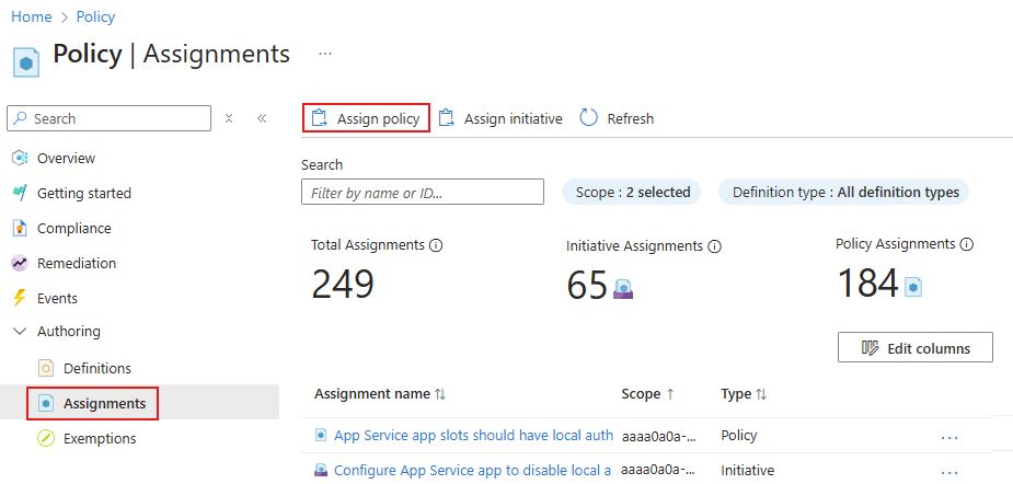 Screenshot of the Policy Assignments page in the Azure portal.