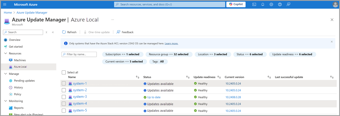 Screenshot to browse for system updates in Azure Update Manager.