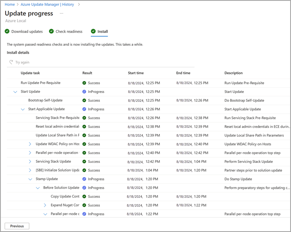 Screenshot to view update progress in Azure Update Manager.