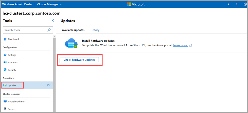 Screenshot to install hardware updates in Windows Admin Center.