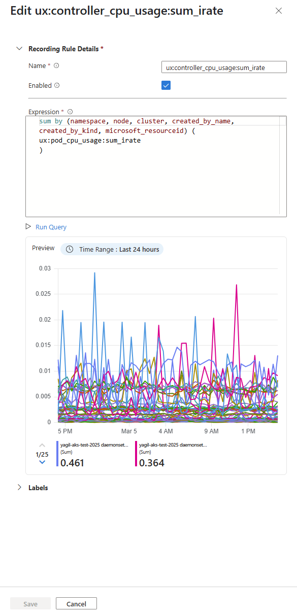 Screenshot that shows configuration of a Prometheus rule group recording rule.
