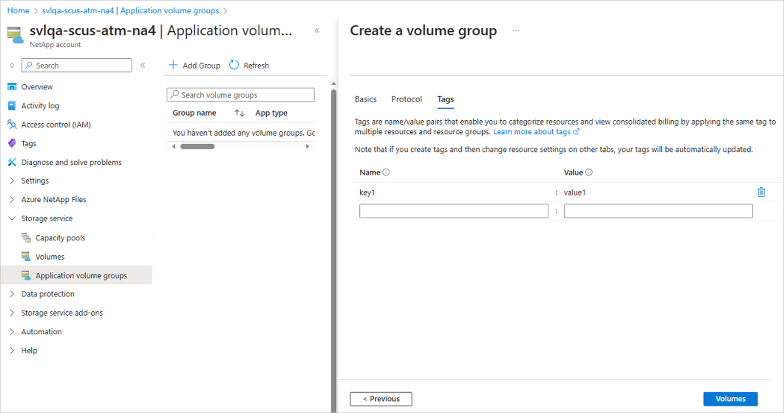 Screenshot that shows the Volume Details - Tags tab of Create a Volume Group page for Oracle.