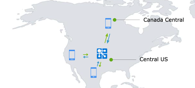 Single WebPubSub Example Diagram of using one Azure WebPubSub instance to handle traffic from two countries.