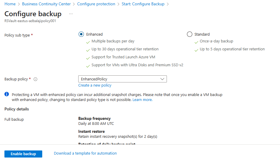 Screenshot showing the default backup policy.