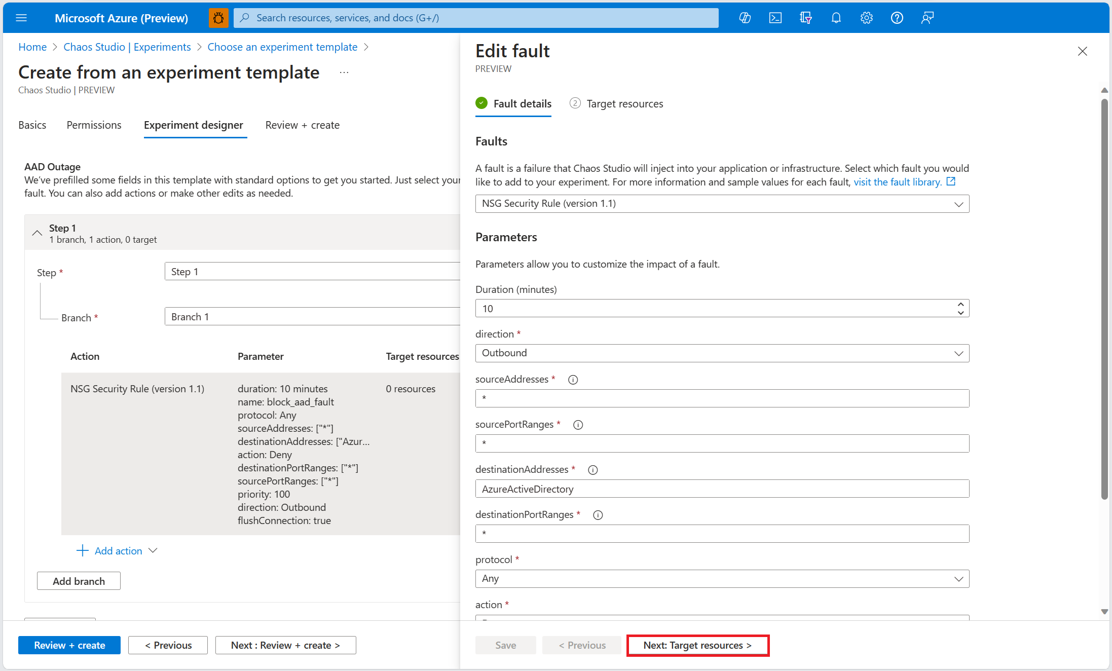Screenshot that shows the fault parameters pane, with the target resources button highlighted.