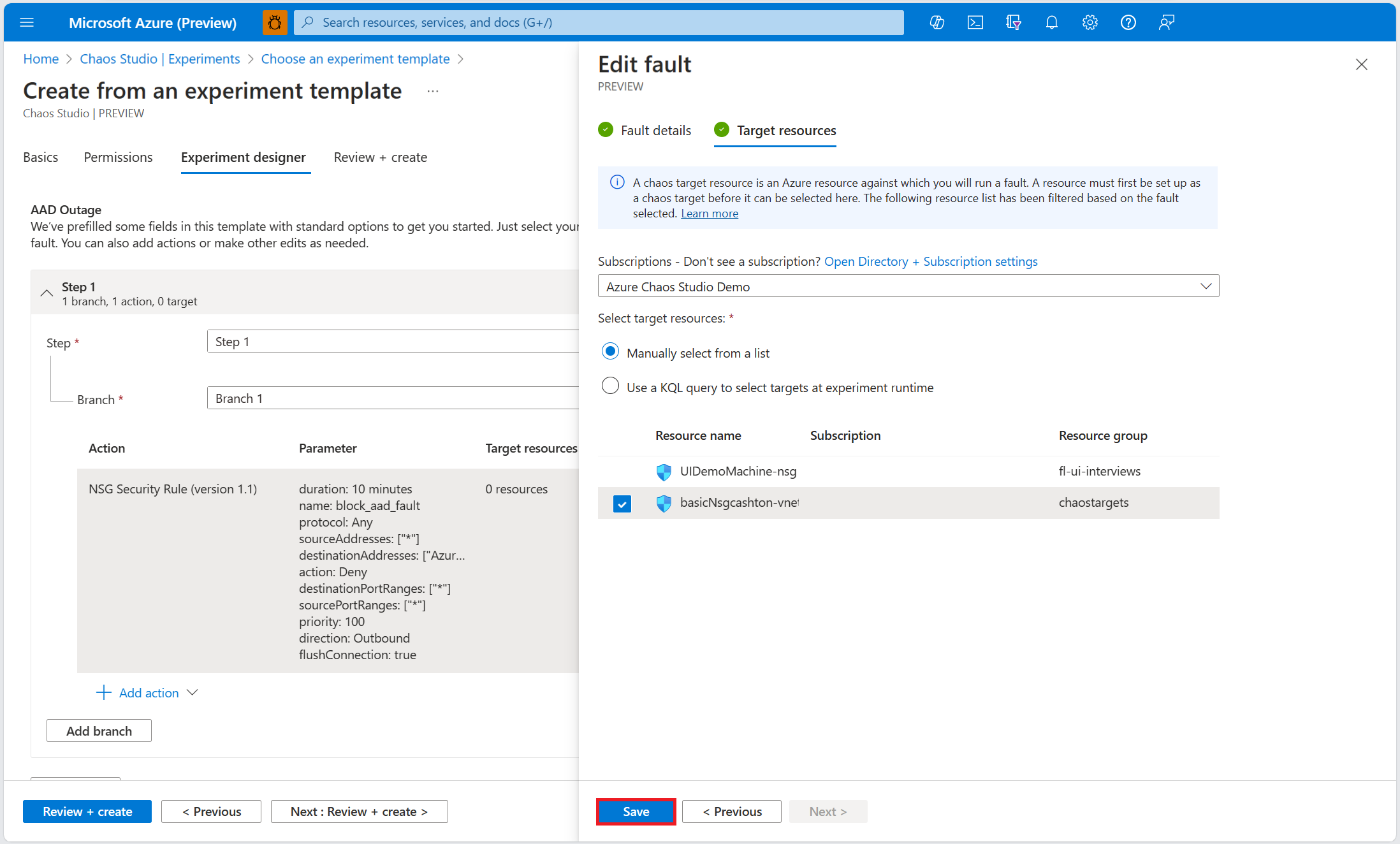 Screenshot that shows the fault targets pane, with the save button highlighted.