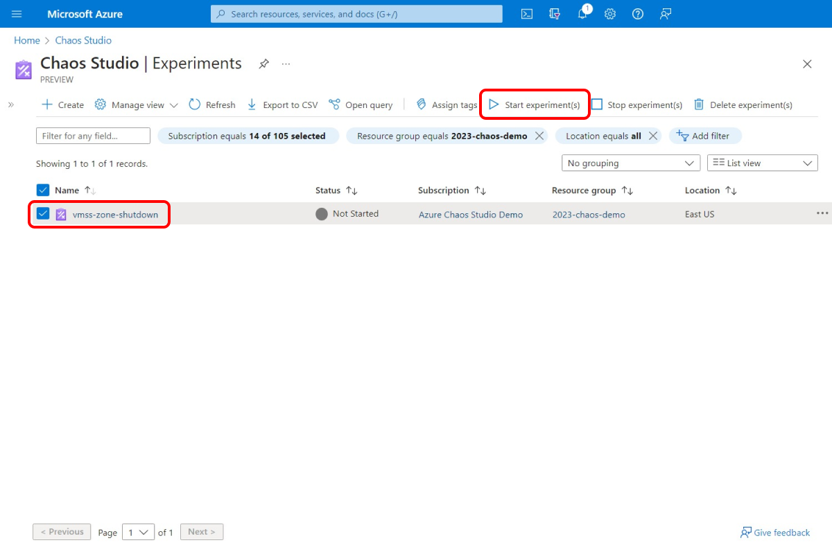 Screenshot that shows the Experiments view, with the Start button highlighted.