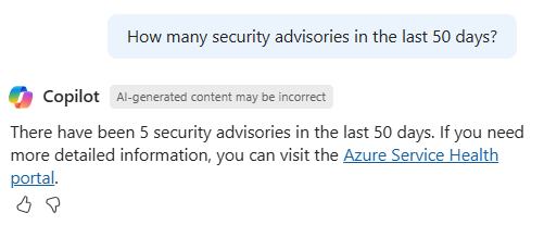 Screenshot of Azure Copilot checking to see if there have been any security advisories in the last 50 days.