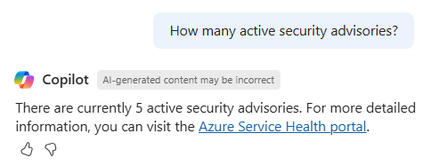 Screenshot of Azure Copilot checking about any security advisories.