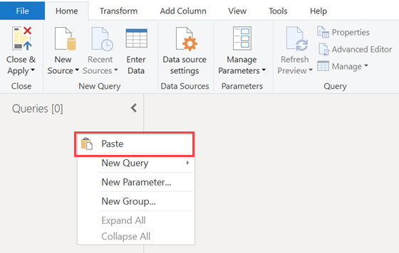 Screenshot of the Power BI Desktop Navigator pane, showing the dropdown menu of the right mouse button with the Paste option highlighted.
