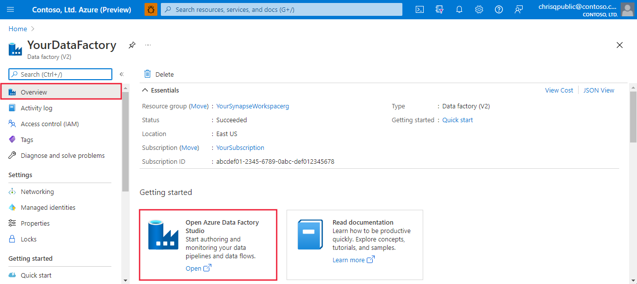 Screenshot that shows the tile for opening Azure Data Factory Studio in the Azure portal.