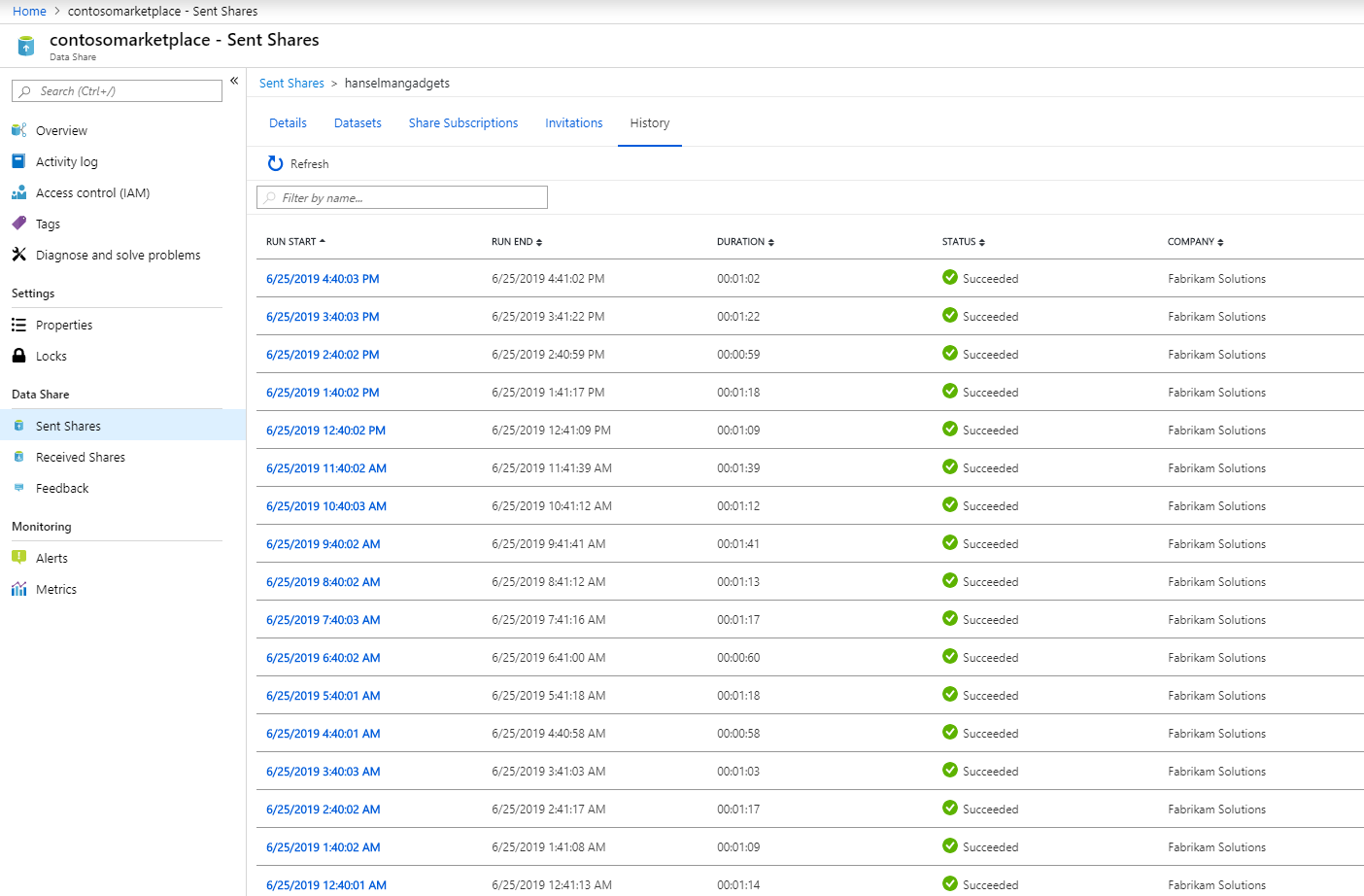 Snapshot history Screenshot shows Sent Shares in the Azure portal.