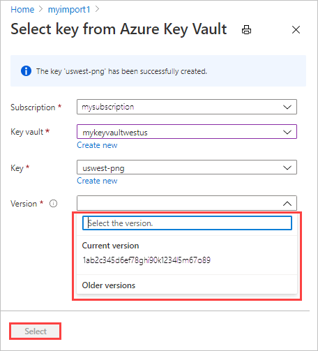 A screen capture showing the selection of a key version in Azure Key Vault.