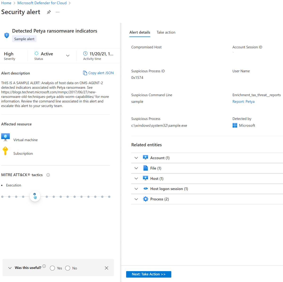 Screenshot that shows an alert's details and the Open Alert View button.