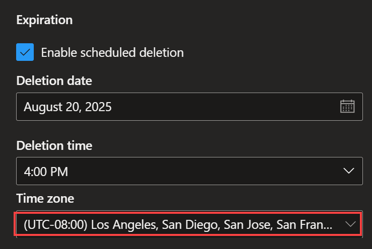 Screenshot showing the Add an environment pane. A selected time zone is highlighted.