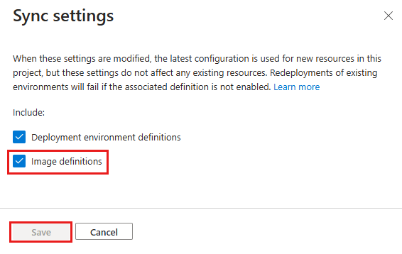 Screenshot of the sync settings pane in the Azure portal, with the checkbox for image definitions highlighted.