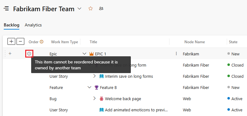 Screenshot of information message on team ownership.