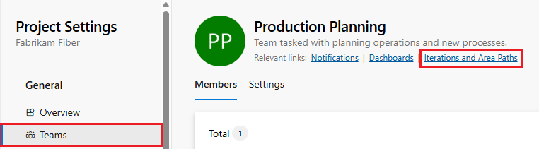 Screenshot that shows Iterations and Area Paths.