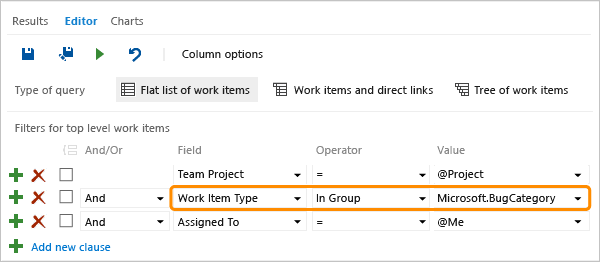 Screenshot that shows a clause that finds work items by category.