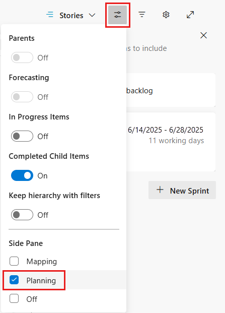 Screenshot of the Backlogs Open view options with Planning selected.