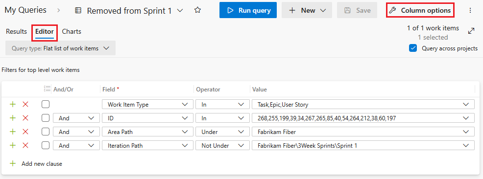 Screenshot of a query for work items moved out of a sprint after its start.