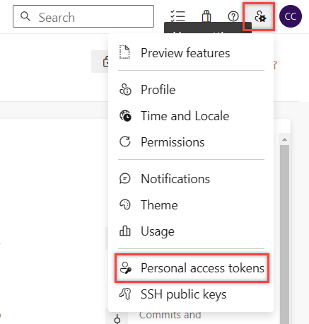Screenshot that shows selecting Personal access tokens.