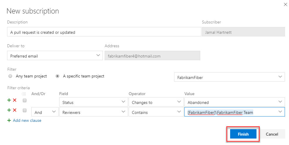 Screenshot that shows how to configure the details for a new notification subscription, including the contact email address and other field criteria.