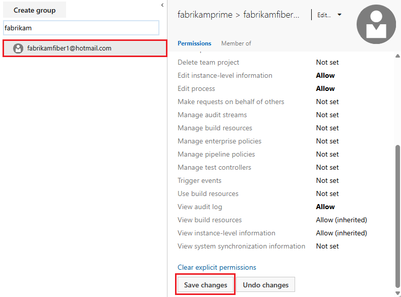 Screenshot of selected user, change Edit project-level information permission level.