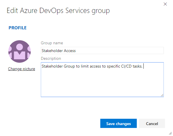 Screenshot of Edit group dialog profile description, on-premises versions.
