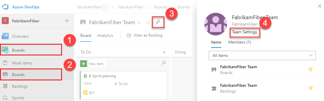 Screenshot that shows how to access the Team Settings by selecting the Show team profile icon.